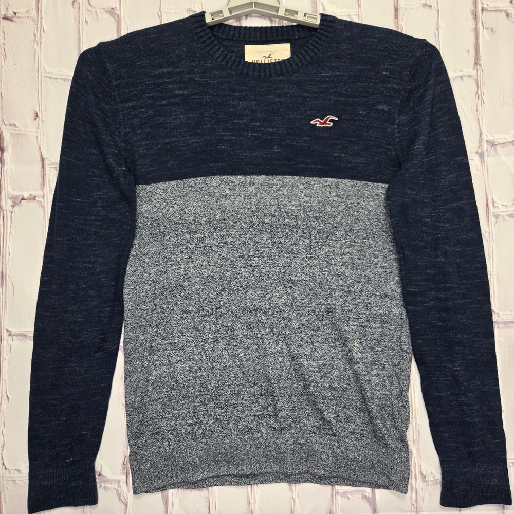 Y2K Hollister Sweater Navy Blue Colorblock Knit Pullover Seagull Logo Men Medium